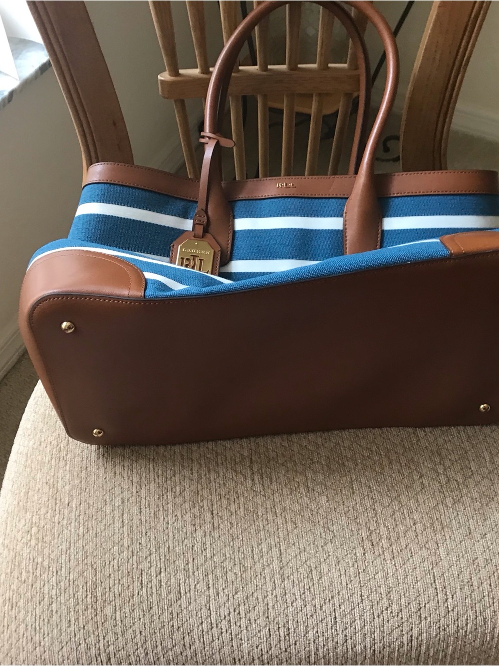 Ralph Lauren Navy and White Striped Canvas Tote with Brown Leather Trim - Picture 2 of 4